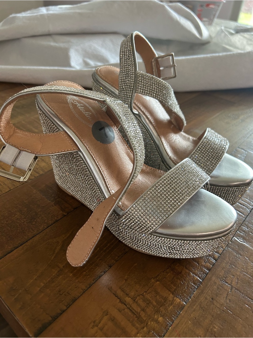 Silver rhinestone wedges with ankle strap